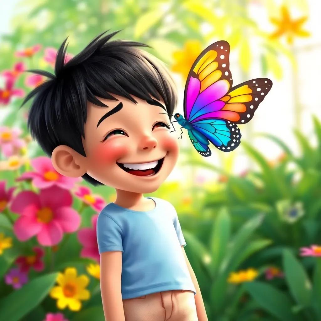 A young boy, Leo, with short black hair wearing a light blue t-shirt and shorts, laughing with a giant colorful butterfly perched on his nose, bright flowers and lush greenery in the background, joyful, cheerful scene, high quality, colorful