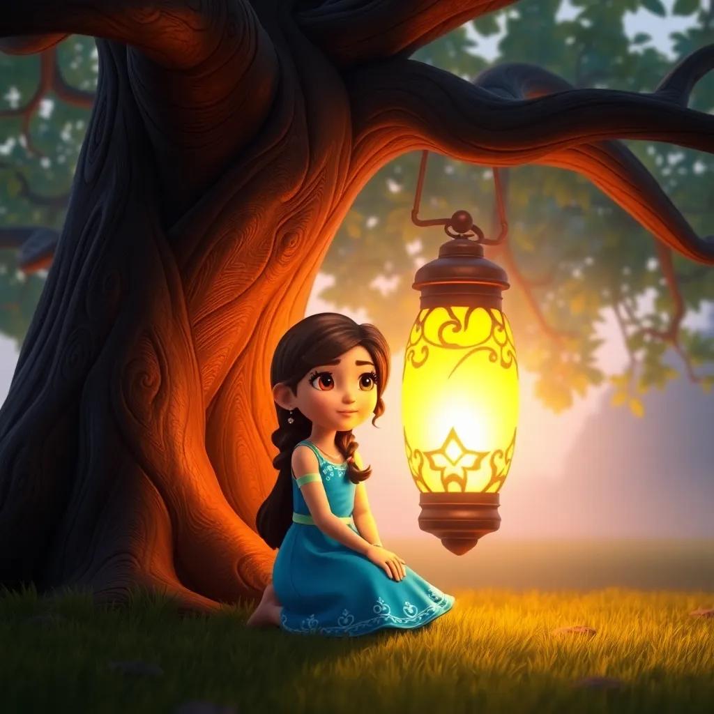 A curious girl, Luma, with long brown hair, wearing a bright blue dress, kneeling beside a mystical glowing lantern under a large tree, early morning light, enchanting atmosphere, vibrant colors, high quality, digital art