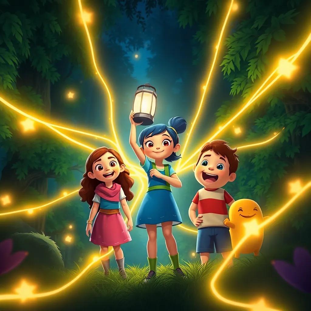 Luma holding the glowing lantern, surrounded by her friends Mia and Jake, both excited, in a lush green forest, lines of light flickering around them, cheerful, immersive view, fantasy illustration, colorful