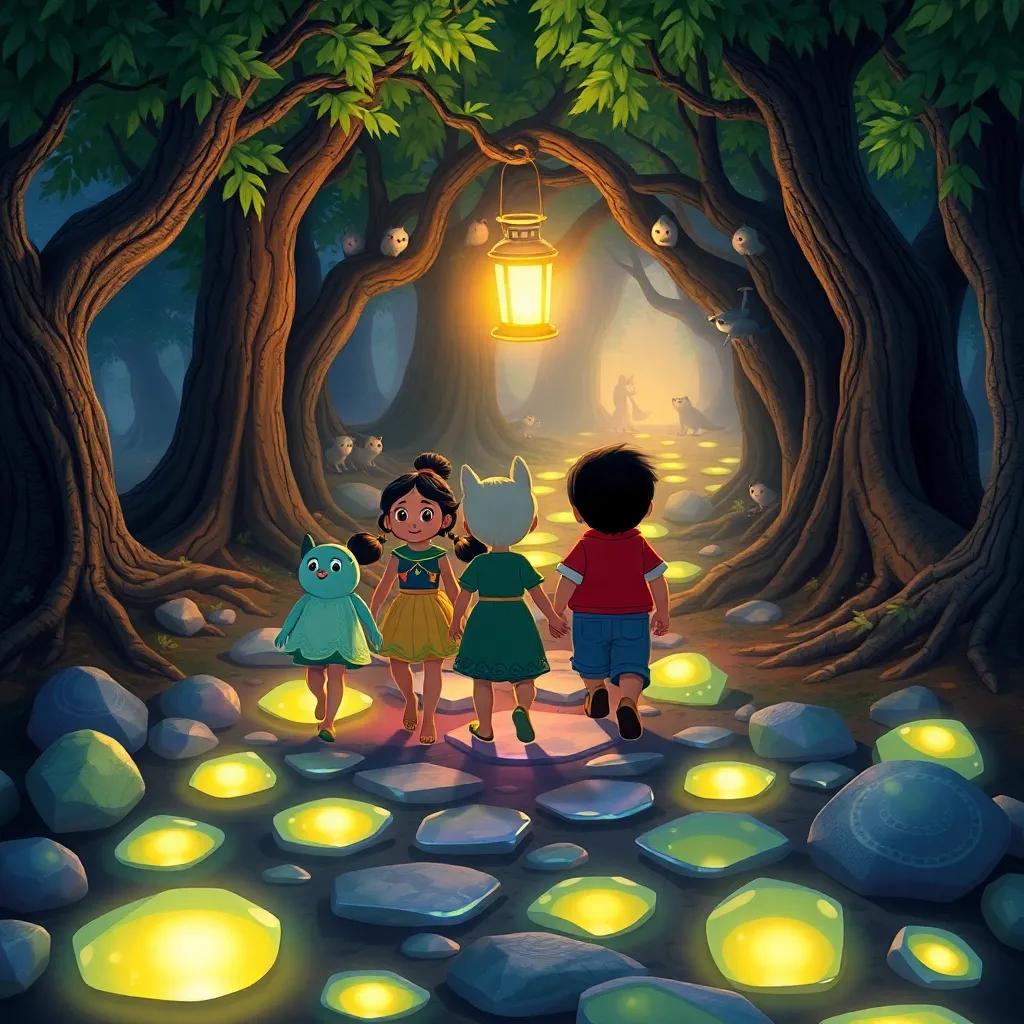 Luma, Mia, and Jake walking along a path of glowing stones, trees surrounding them, with the lantern illuminating their way, magical creatures peering from behind the trees, enchanting scenery, detailed, child-friendly
