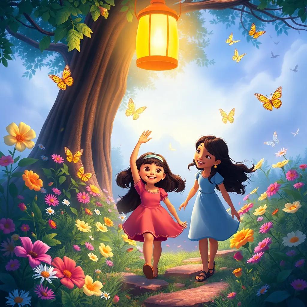 The trio reaching a hidden clearing filled with vibrant flowers and fluttering butterflies, with the lantern casting a warm light over the scene, joyful emotions, bright colors, high quality