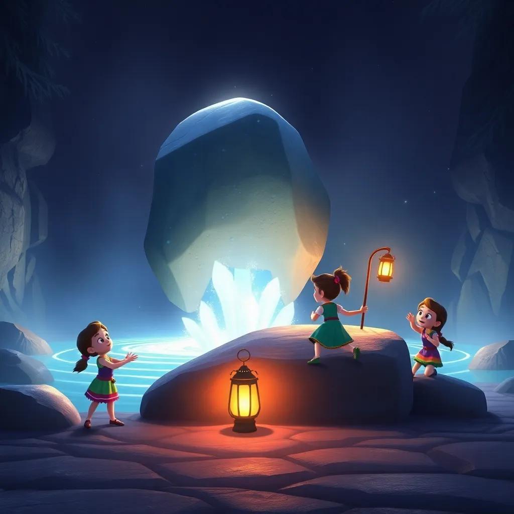 Luma and her friends working together to move a big rock blocking a shimmering fountain, with the lantern glowing brightly beside them, a magical atmosphere, teamwork spirit, adventurous scene, colorful
