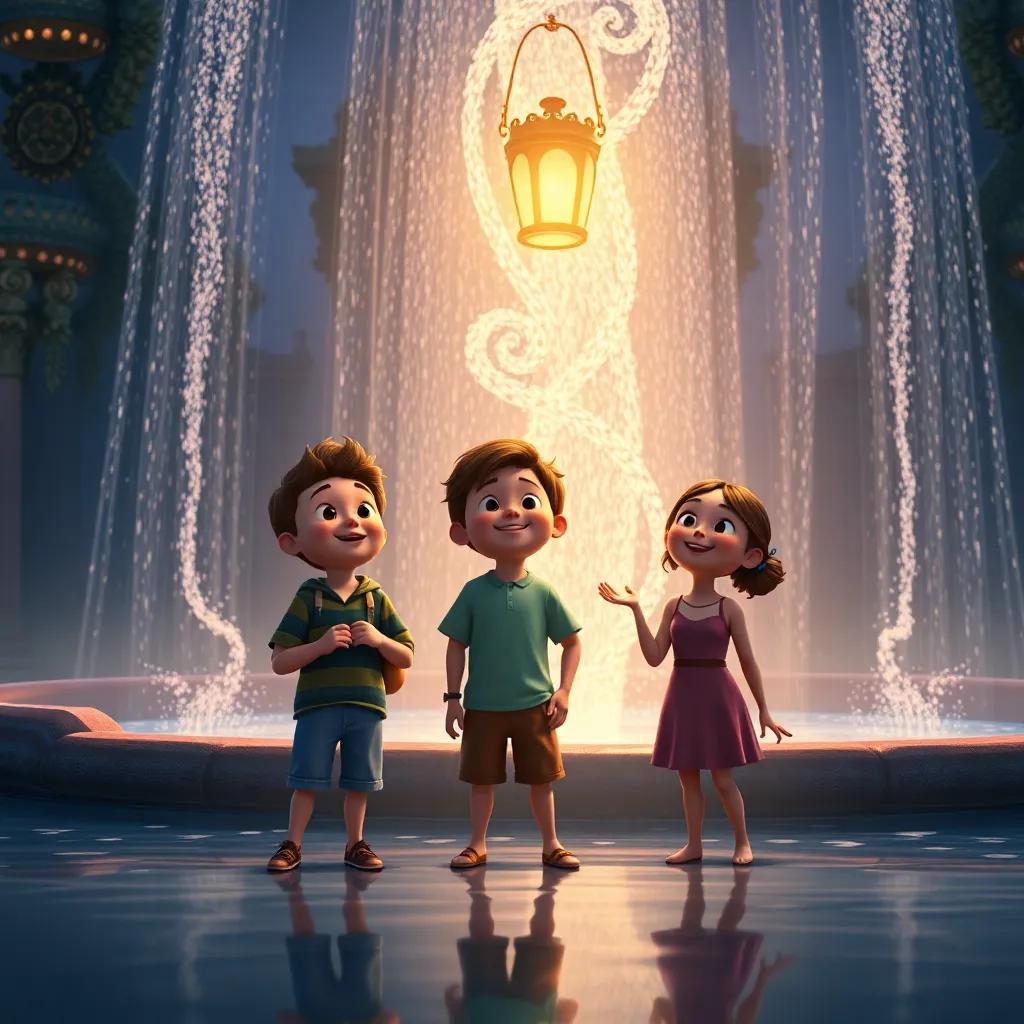 The fountain sparkling as the friends stand in awe, with the lantern shining brightly, warm light illuminating their excited faces, wondrous details, fantasy mood, high quality