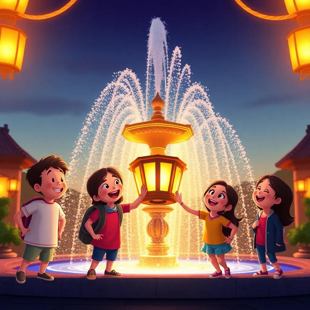The friends celebrating their victory in front of the fountain, smiling and laughing, the lantern’s glow reflecting their happy expressions, warm sunset light, heartwarming scene, colorful, child-friendly
