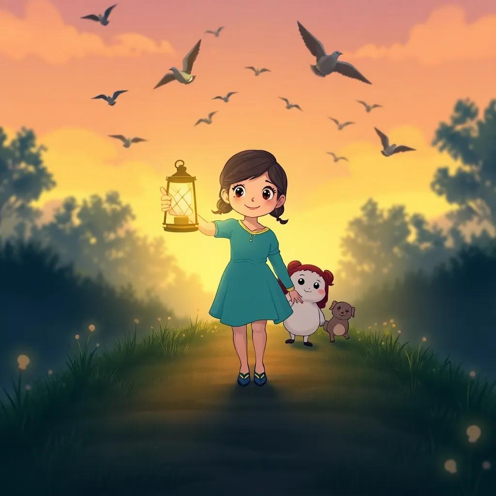 Luma holding the lantern leading her friends back home through the glowing path, with birds flying overhead, evening light creating a peaceful atmosphere, friendly illustration, adventure spirit