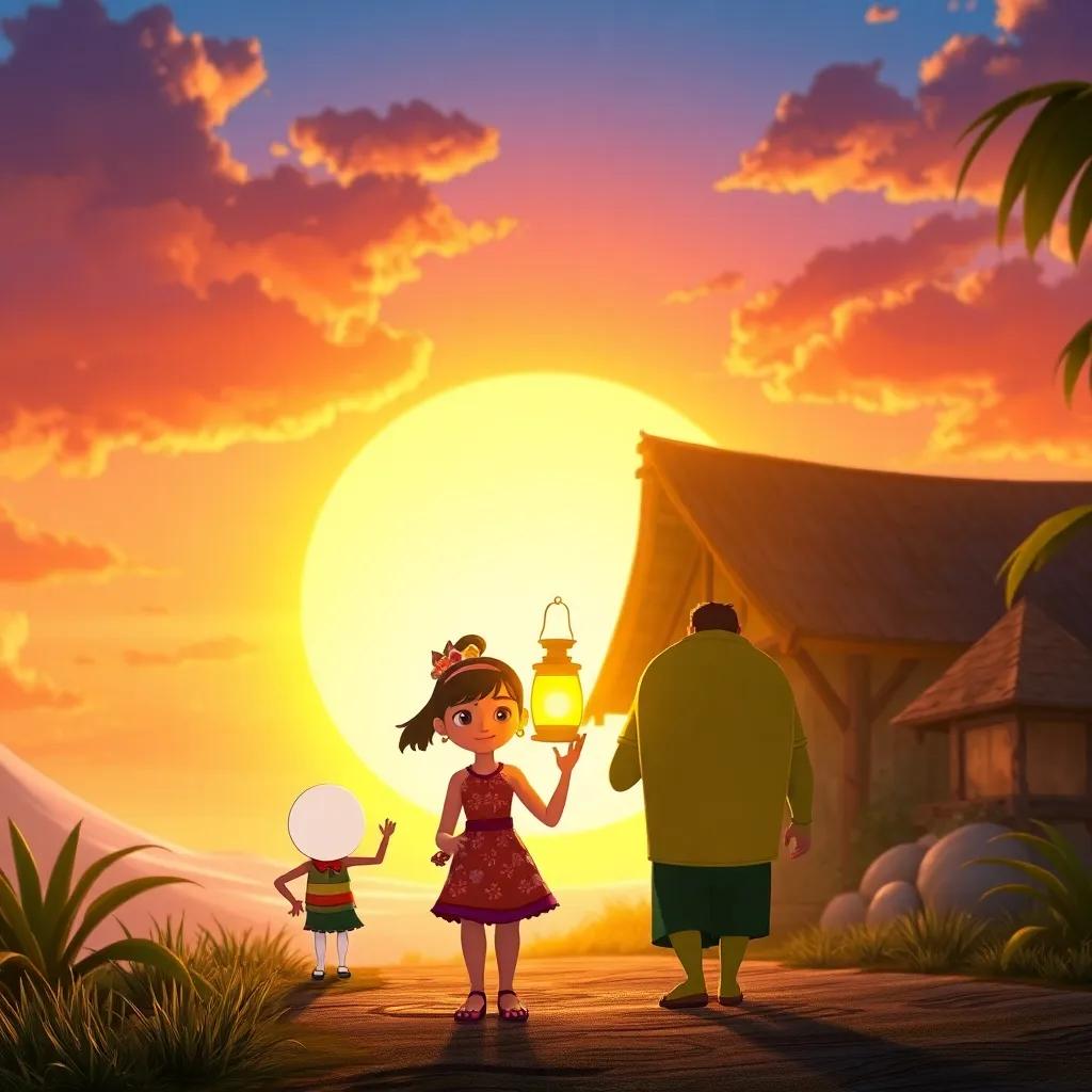 The sun setting behind the village as Luma, Mia, and Jake return home together, lantern shining brightly, filled with memories of their adventures, colorful sky, heartwarming end, detail rich