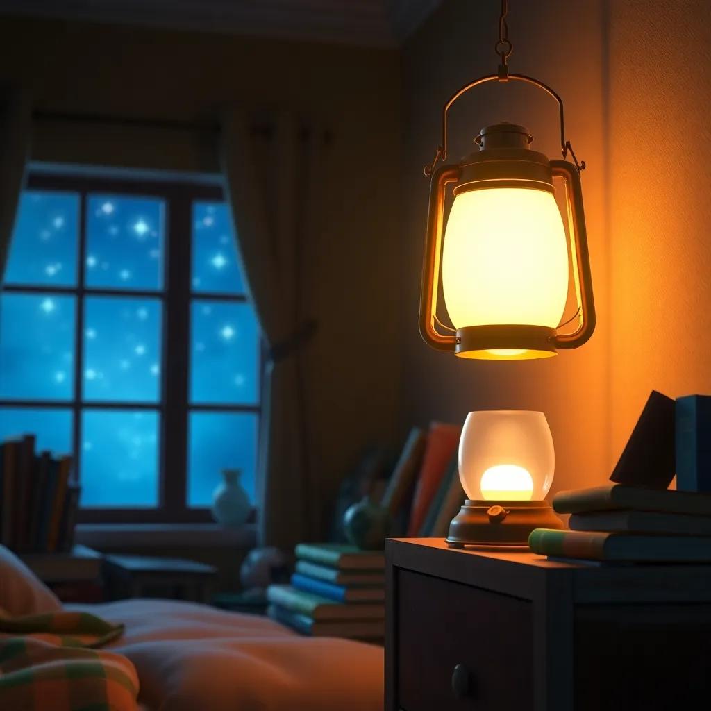 The lantern glowing softly on Luma's nightstand, illuminating a room full of adventure books, a window showing stars twinkling outside, cozy atmosphere, inviting imagery, storytelling mood