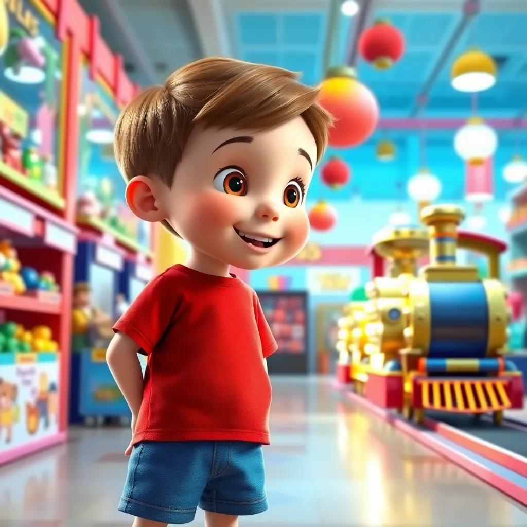 A little boy named Timmy with short brown hair, wearing a red t-shirt and blue shorts, standing in a bright toy store, excitedly looking at a shiny toy train, vibrant colors, cheerful atmosphere, digital art, playful and engaging