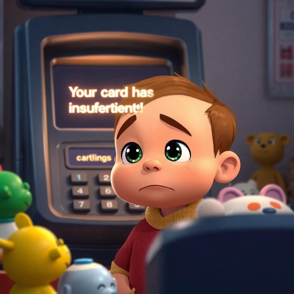 Timmy looking sad as the payment machine flashes 'Your card has insufficient funds!' with a cartoon-style expression, surrounded by toys, colorful and kid-friendly
