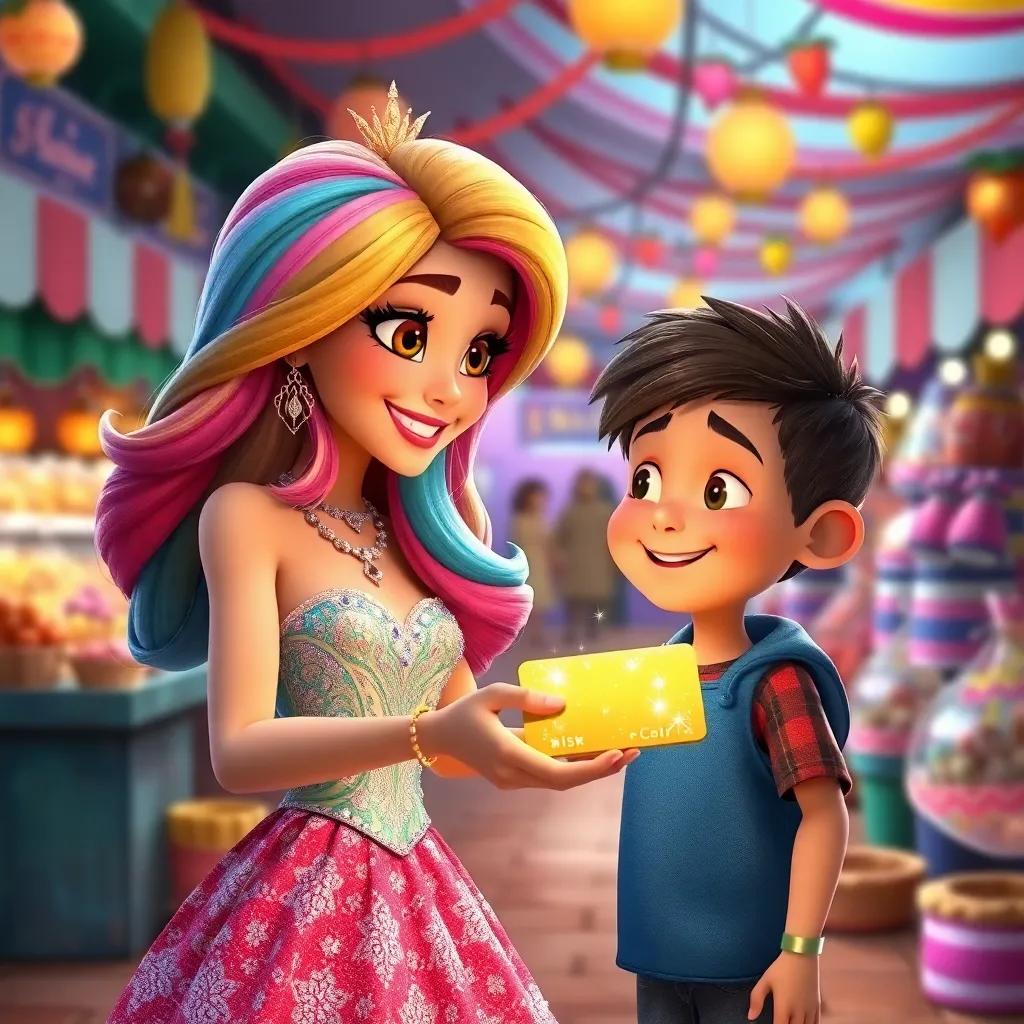 A magical lady with long, colorful hair wearing a sparkling dress, handing Timmy a shiny gold card with sparkles, whimsical market background with colorful stalls, lively and bright