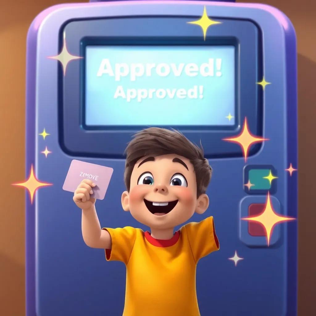 Timmy eagerly holding the magic card in front of the machine, which now says 'Approved!' with colorful sparkles surrounding him, delighted expression, joyous atmosphere, child-friendly digital art