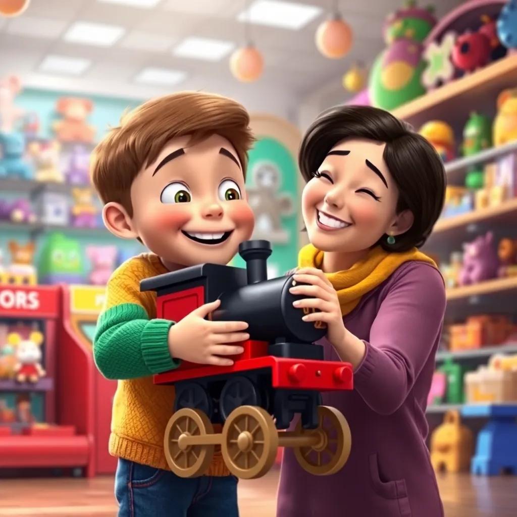 Timmy hugging a toy train tightly, his mom smiling at him, the toy store behind them filled with brightness, capturing the moment of happiness, vibrant colors, heartwarming scene