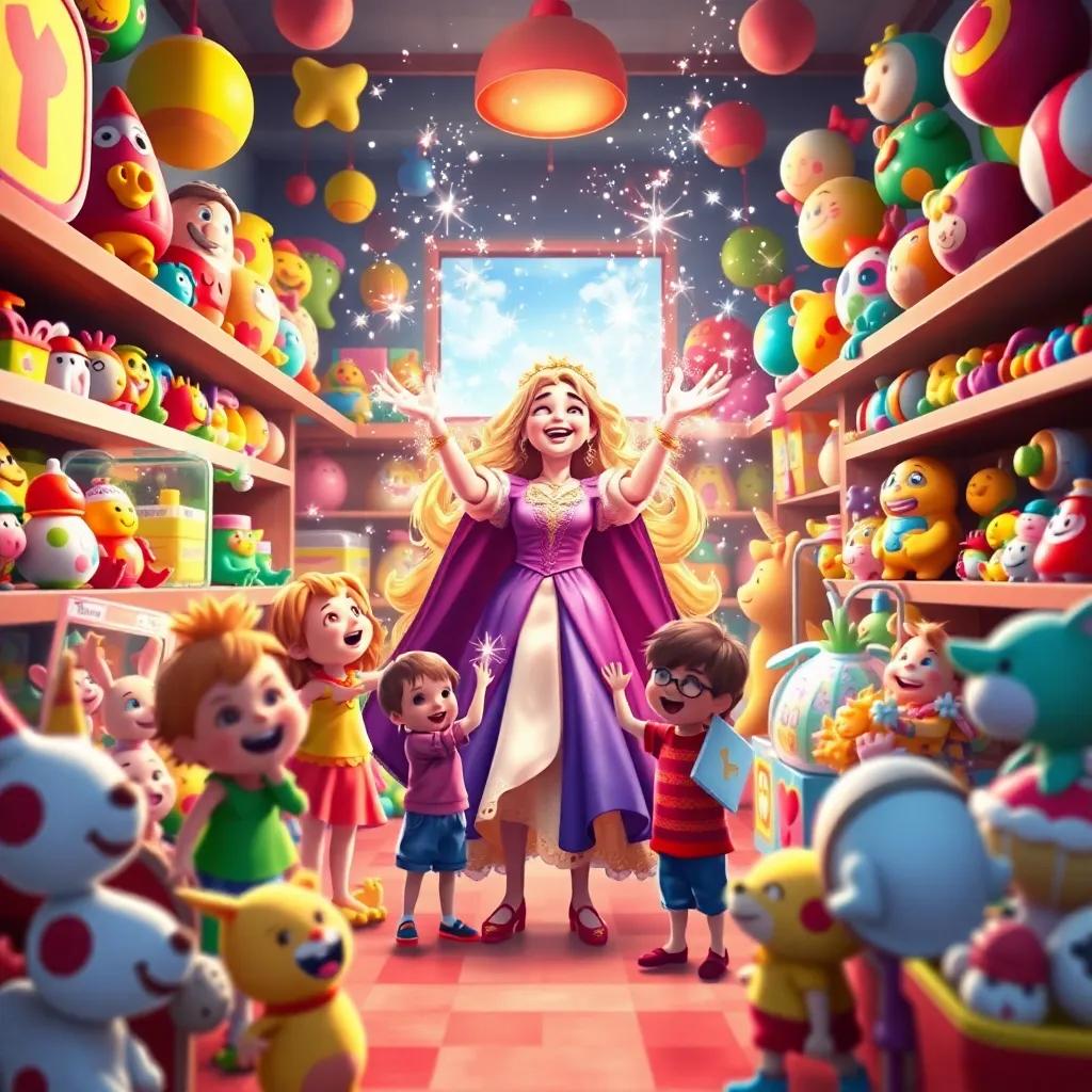 Sparkles and laughter filling the toy store as the magical lady appears, surrounded by happy children, colorful toys everywhere, fantasy-inspired, bright