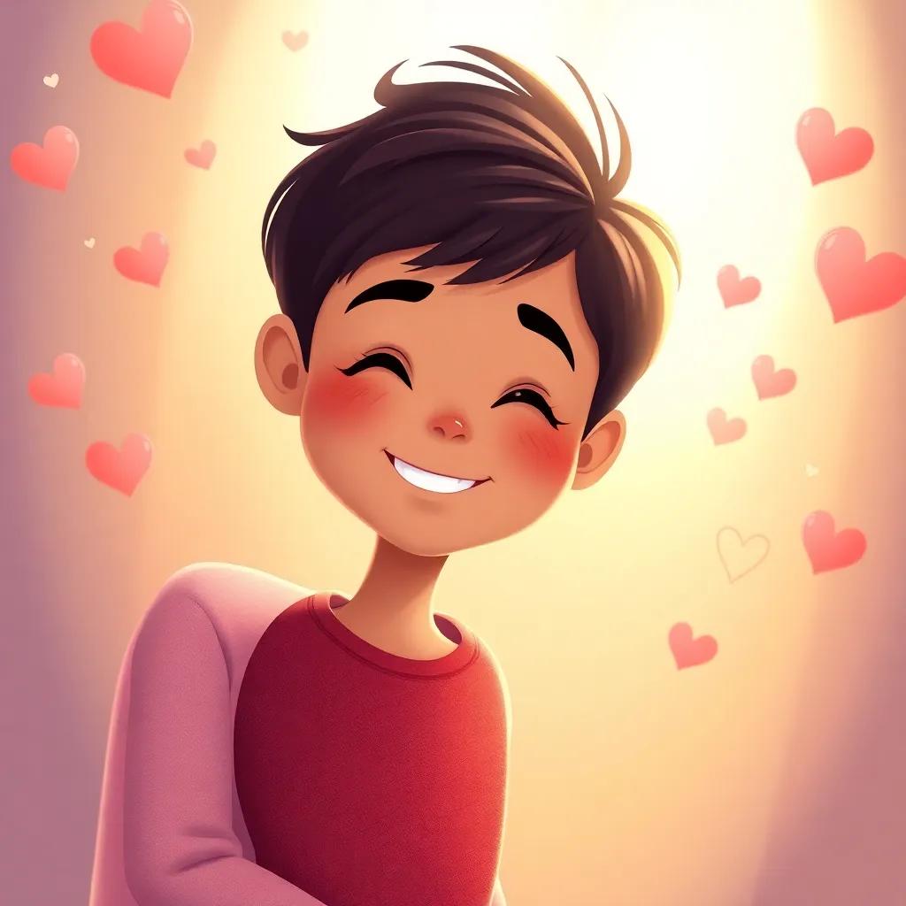 Timmy smiling in a soft, warm-lit scene with his mom, surrounded by floating hearts and stars, symbolizing joy and love in the air, heartwarming illustration