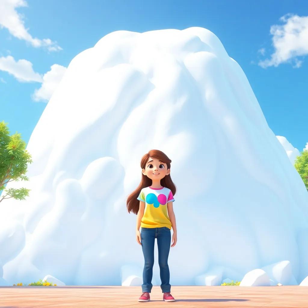 A bright, sunny day with a big, fluffy marshmallow mountain, TMilly, a girl with brown hair in a colorful t-shirt and jeans, looking excited standing at the bottom, digital art, cheerful, vibrant colors, inviting atmosphere, high quality