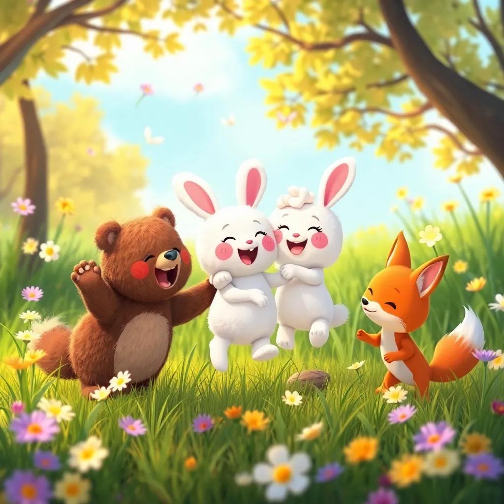TMilly and fluffy friends, games in the meadow, the marshmallow bunny, bear, and fox, laughter and happiness all around, fun activities like jumping and playing, digital art, joyful, colorful surroundings