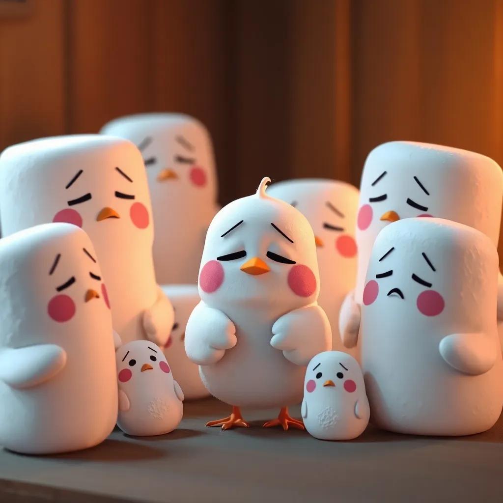 A little marshmallow bird looking sad, surrounded by TMilly and her marshmallow friends offering comfort, their faces showing concern and kindness, soft lighting, warm colors, heartfelt