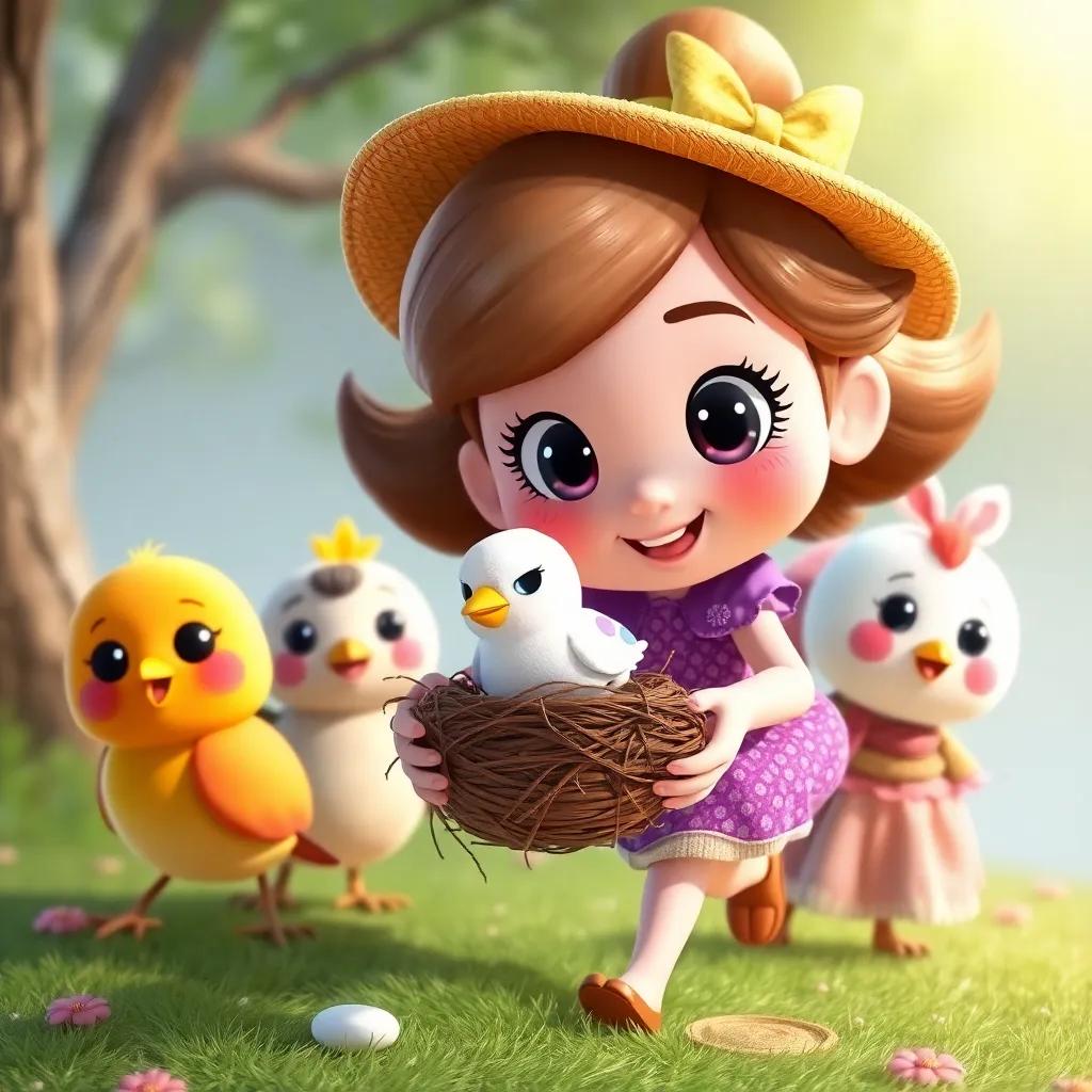 TMilly leading her friends to help the little marshmallow bird find its nest, determination on her face, supportive friends behind her, enchanting, cute