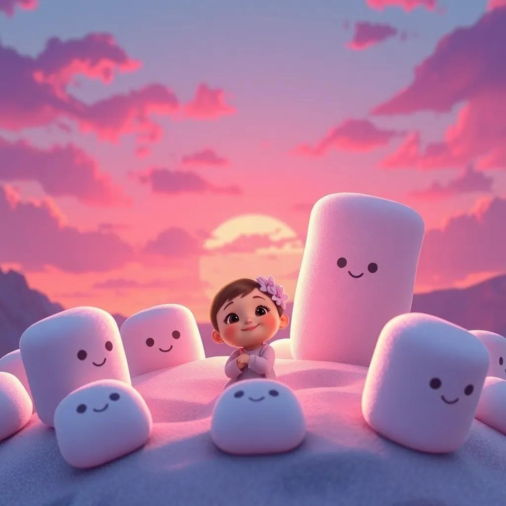 A sunset on the marshmallow mountain, TMilly looking content, surrounded by her marshmallow friends, colors of pink and purple in the sky, warm and cozy