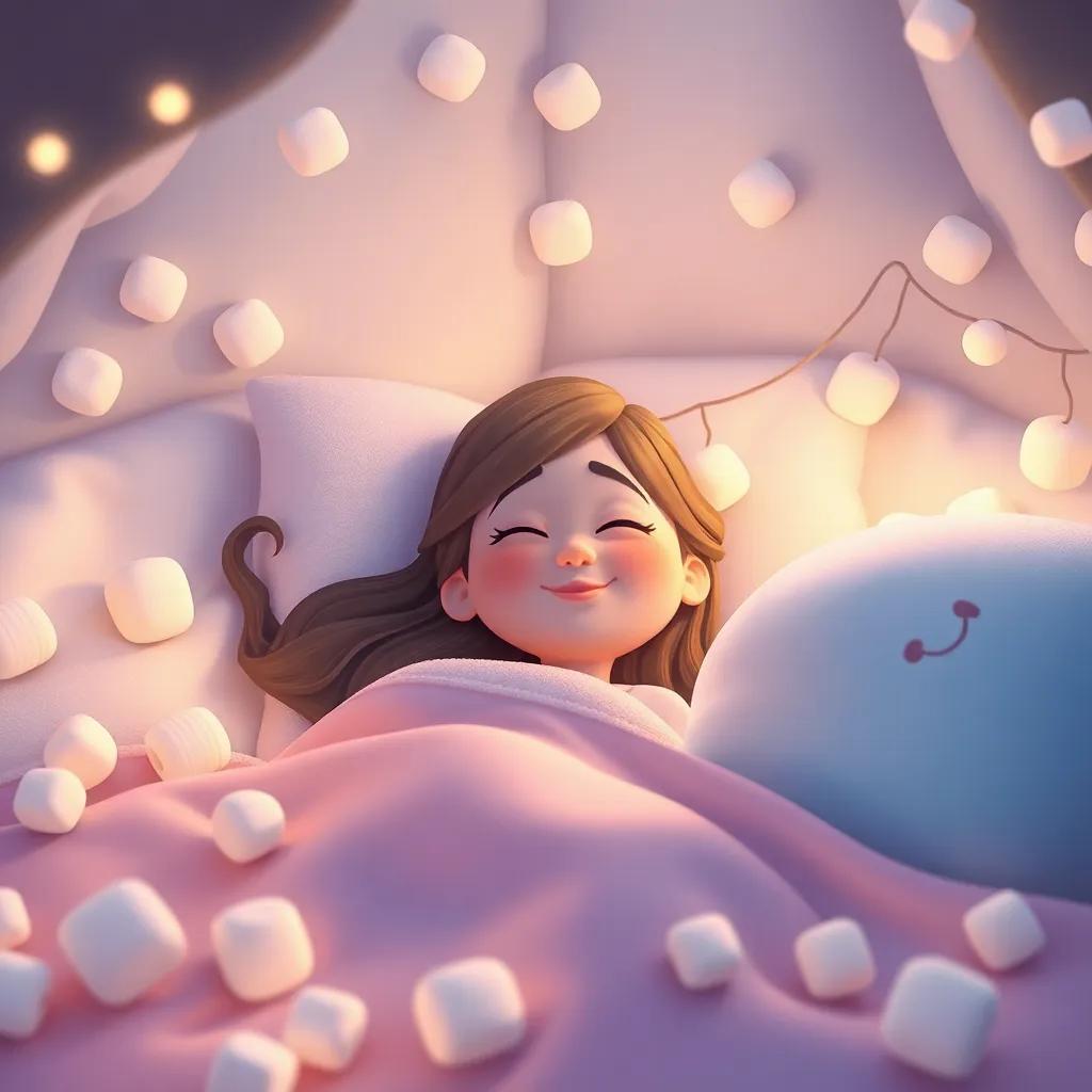 TMilly dreaming of her adventures on the marshmallow mountain, smiling peacefully in her cozy bed with marshmallow decorations around, soft colors, comforting atmosphere
