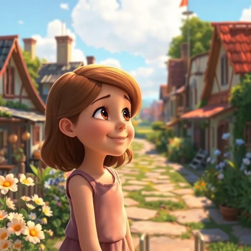 A small town with bright flowers and blue skies, Lucy, a young girl with a curious smile, listening intently to a haunting melody, digital art, bright colors, warm and inviting atmosphere, high quality
