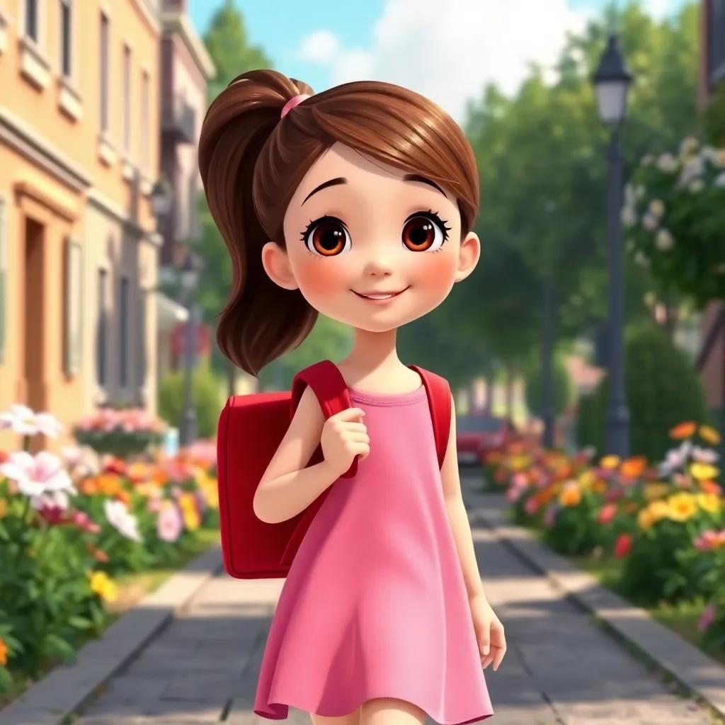 Lucy, a young girl with brown hair in a ponytail, wearing a pink dress, holding a red backpack, walking through sunny streets towards the park, surrounded by blooming flowers, cheerful, uplifting