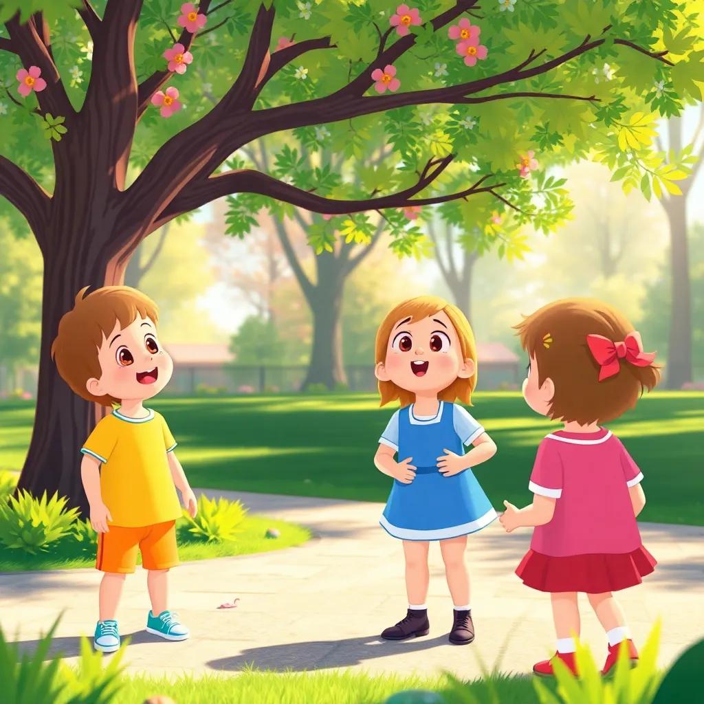 Children playing in the park, stopping to listen to a beautiful melody, Lucy looking excited as the music fills the air, digital illustration, sunny and joyful scene, vibrant colors