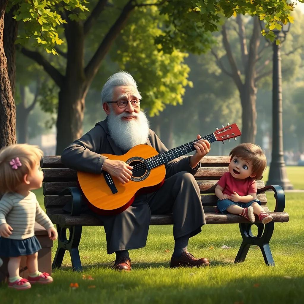 An old wise man sitting on a bench in the park, playing a guitar, with a warm smile, surrounded by curious children, digital art, calm and inviting tone, high detail
