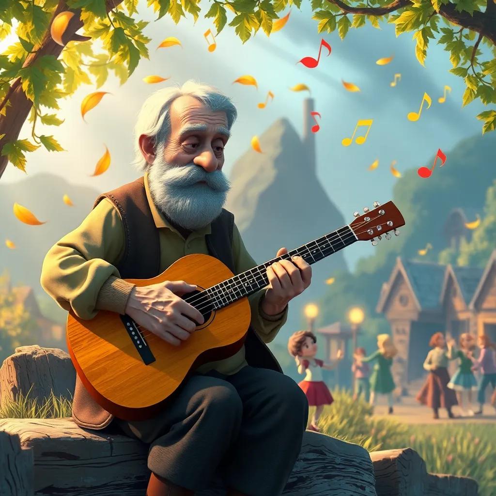 The old man strumming his guitar, with musical notes floating around like leaves in the wind, Lucy imagining the townsfolk dancing joyfully, magical and colorful atmosphere, detailed