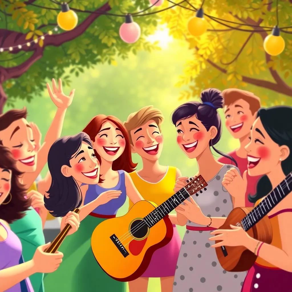 A beautiful scene of a joyful community, people smiling and dancing together with musical instruments, bright colors and cheerful expressions, a sense of connection and friendship