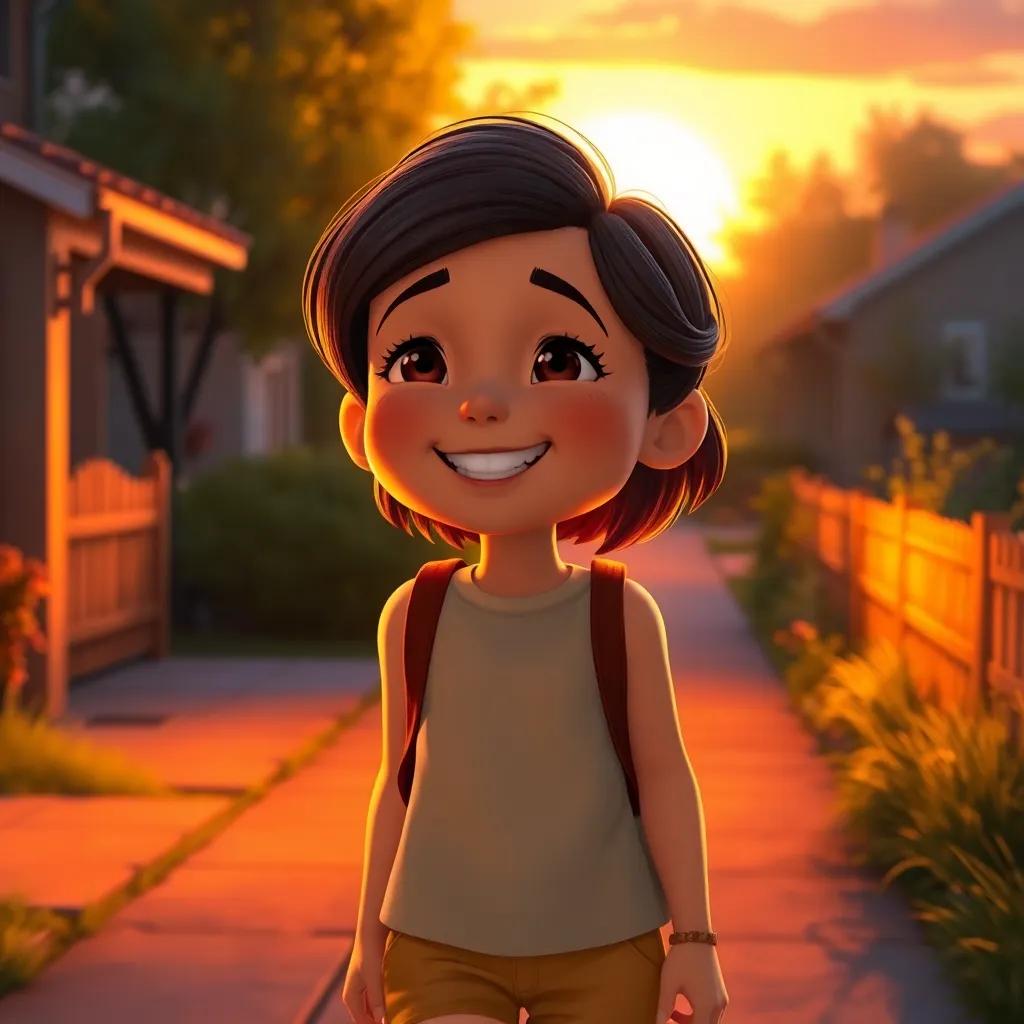 Lucy walking home, the sunset casting a warm glow, echoes of the melody in her heart, her face beaming with joy, heartwarming and reflective