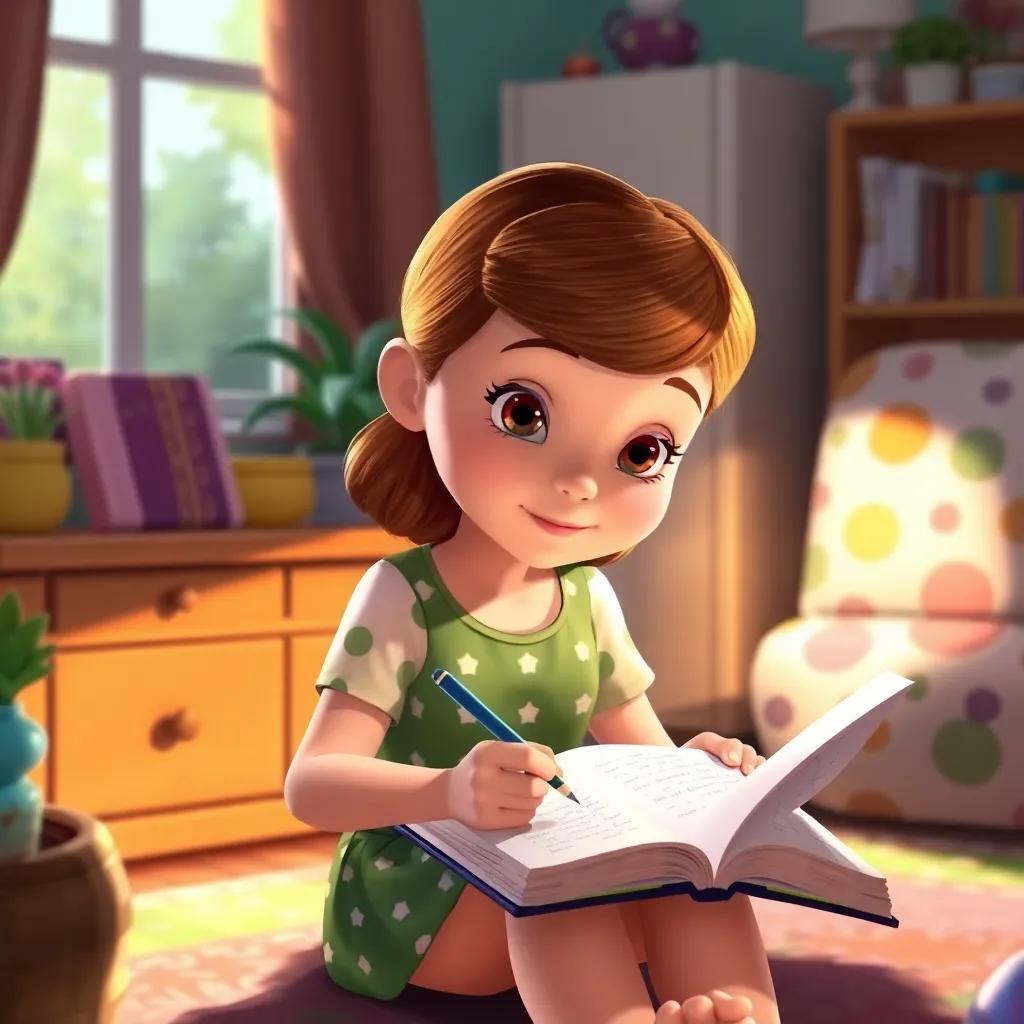 Lucy at home, writing in her notebook about the melody and the story of friendship she discovered, her room cozy and colorful, filled with sunshine