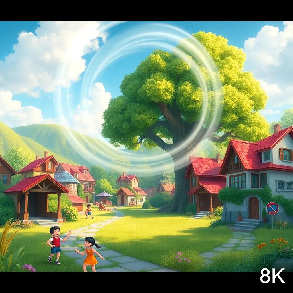 A bright, colorful village with children playing and a large oak tree nearby, a swirling mist dancing around the tree, cheerful atmosphere, vibrant colors, child-friendly, digital art