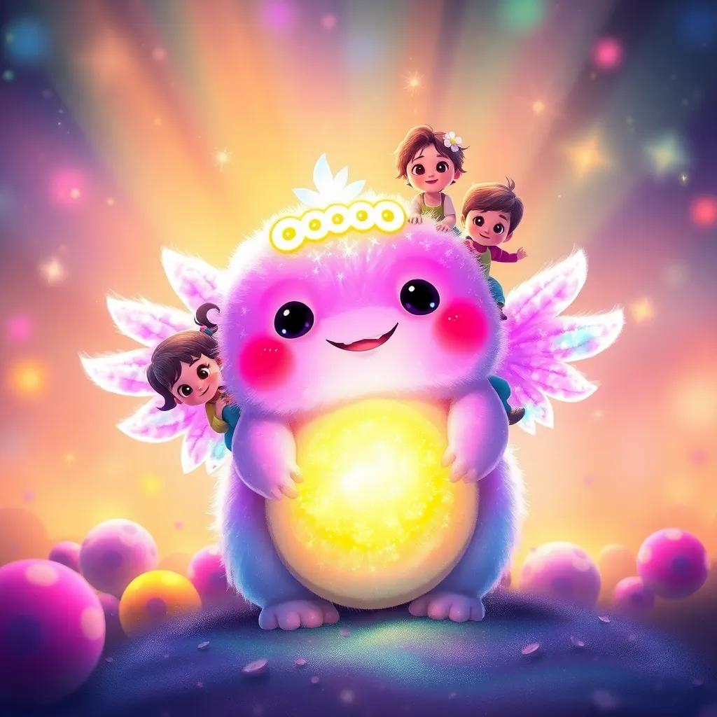 A shimmering creature named Oooooo, glowing in rainbow colors, with tiny wings, surrounded by amazed children sitting on its back, magical scene, colorful, joyful ambiance, illustration