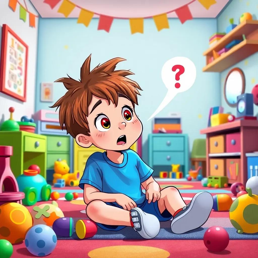 A young boy, Tommy, with messy brown hair, wearing a blue t-shirt and shorts, sitting on the floor of his colorful bedroom surrounded by toys, looking surprised while hearing a voice, cheerful and playful atmosphere, digital art, vibrant colors, engaging perspective, high quality