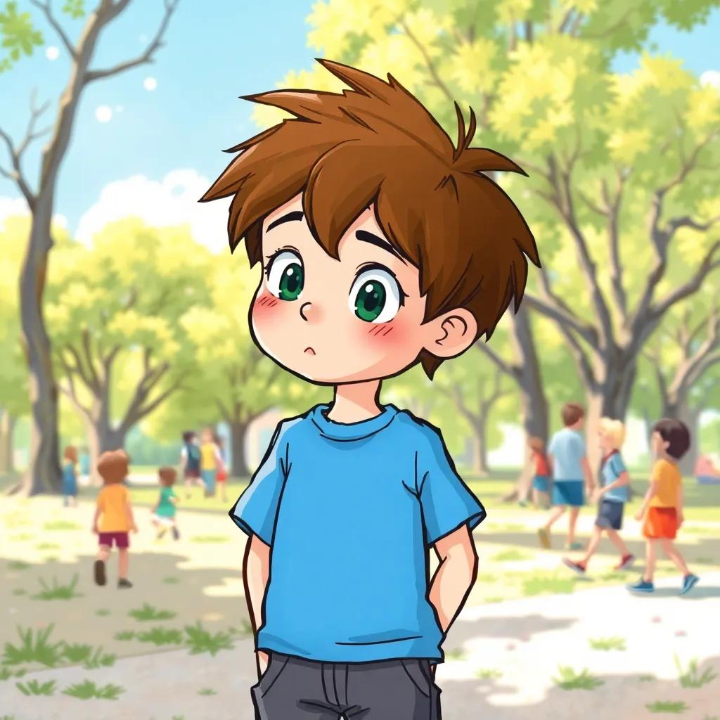Tommy, a young boy with messy brown hair, wearing a blue t-shirt and shorts, looking puzzled while standing outside in a sunny park with trees and friends playing, the voice echoing around him, thoughtful and curious mood, bright colors, storytelling view, fantasy style