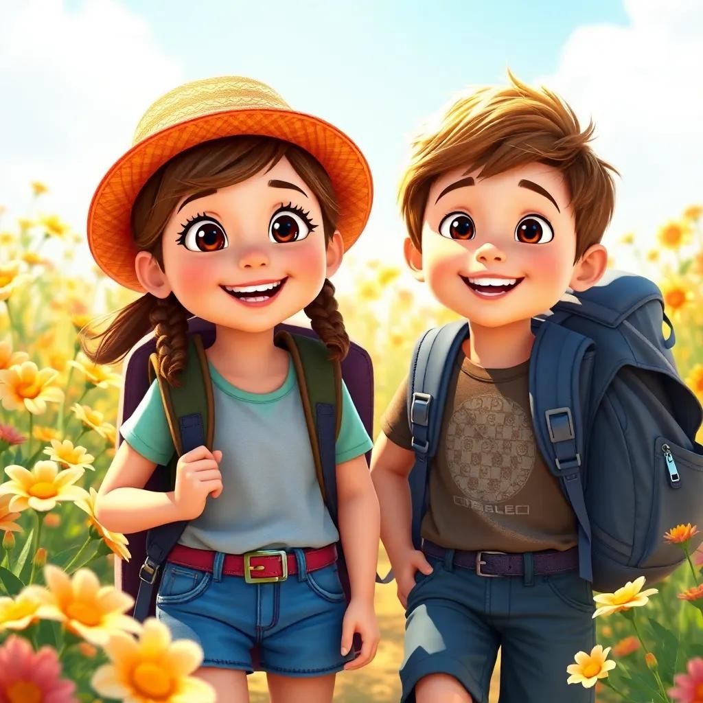 A sunny day with two young children, Allie and Max, preparing for an adventure with backpacks, surrounded by bright flowers, excitement in their eyes, cheerful atmosphere, digital art, vibrant colors, captivating characters, high quality