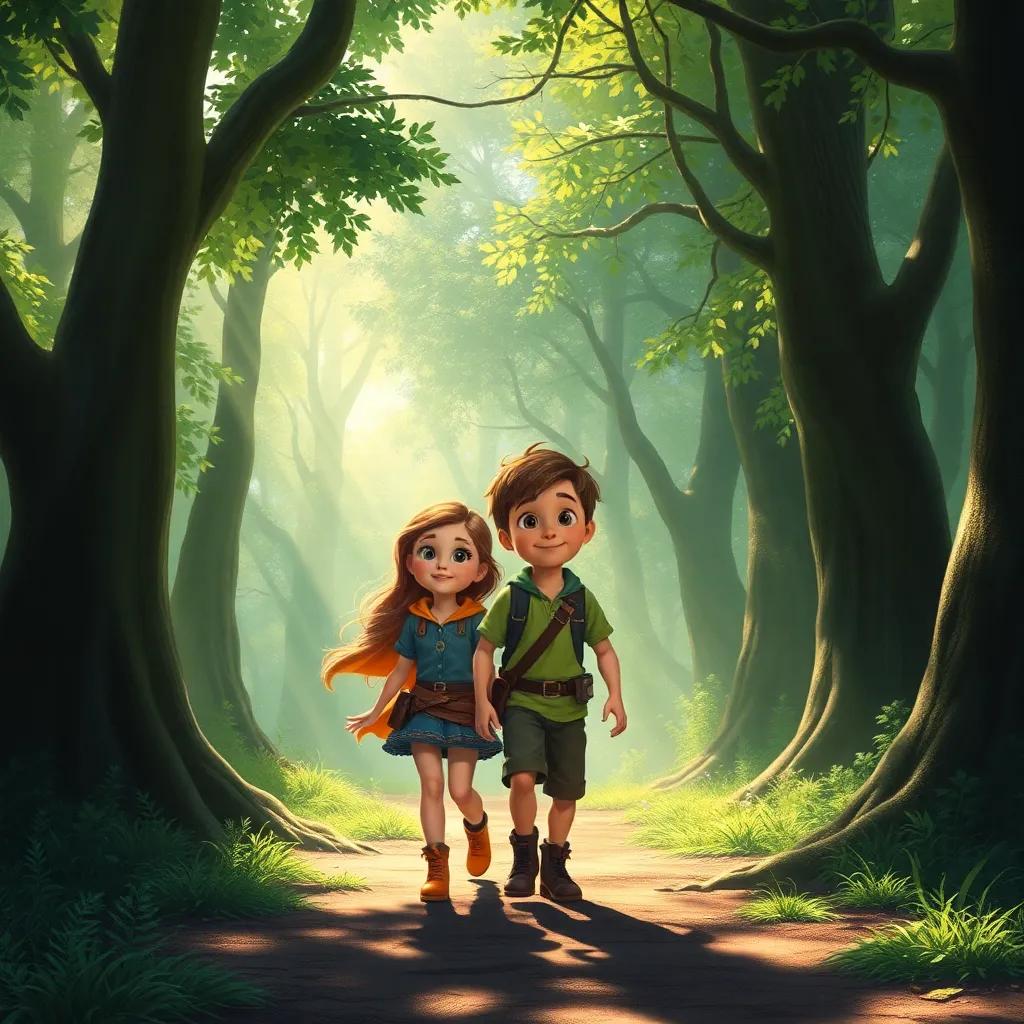 Two brave children, Allie and Max, walking through the mysterious Whispering Woods with trees that seem to whisper, dappled sunlight filtering through leaves, a sense of wonder, digital painting, enchanting scenery, bright and inviting, high quality