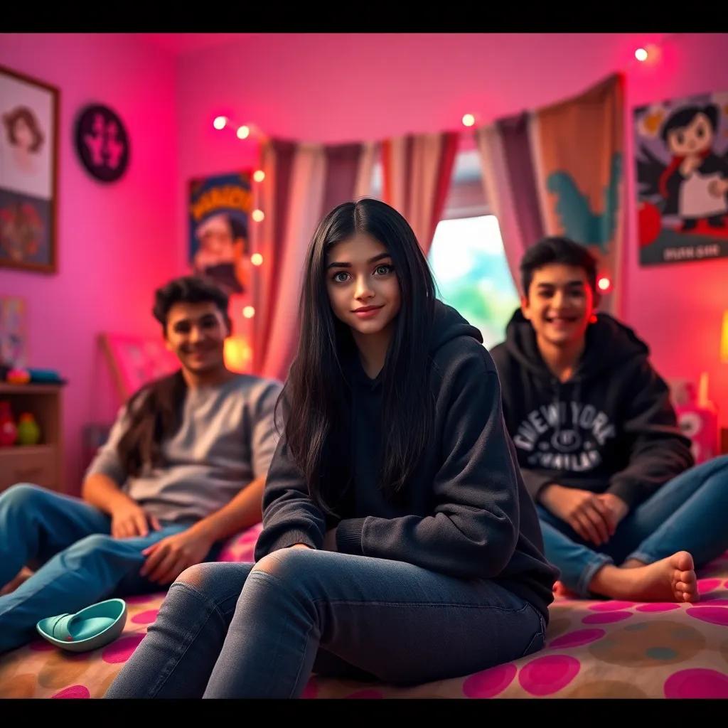 Ivy, a young girl with long black hair and bright green eyes, wearing a dark hoodie and jeans, sitting on her bed with two friends, lively atmosphere, colorful, warm lighting, cheerful room, high quality