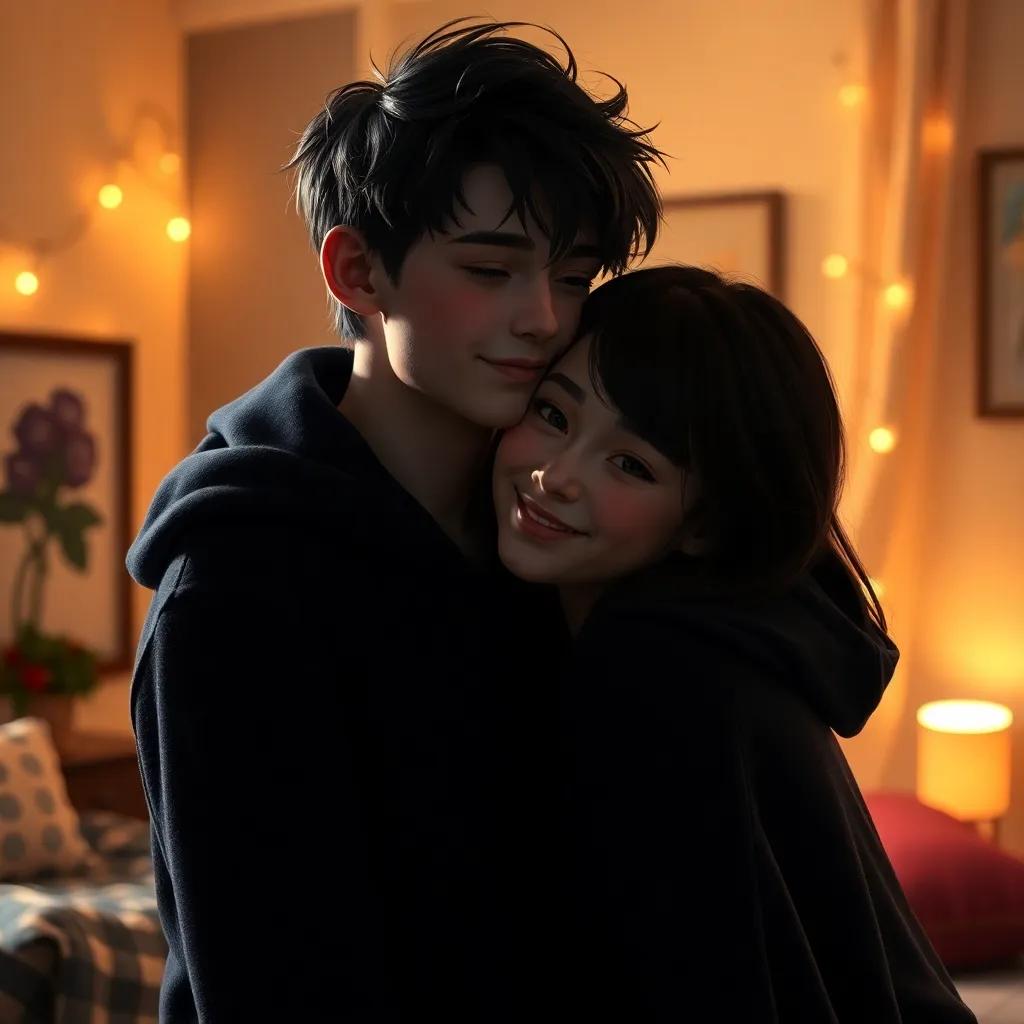 Jeff, a boy with pale skin and dark hair, wearing a black hoodie, with a playful expression, leaning over Ivy's shoulder and kissing her cheek, a cozy room in the evening, soft light, intimate moment, high quality