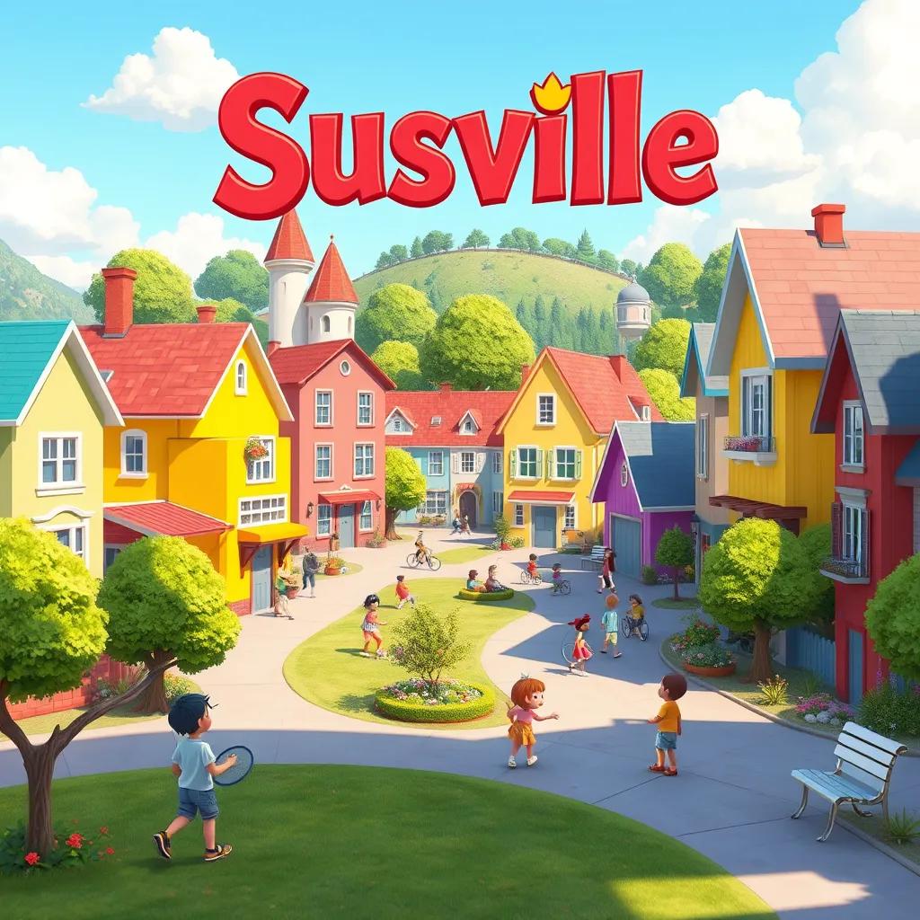 A bright town named Sussville with colorful houses and kids playing in the park, digital art, cheerful atmosphere, vibrant colors, daytime, child-friendly, high quality