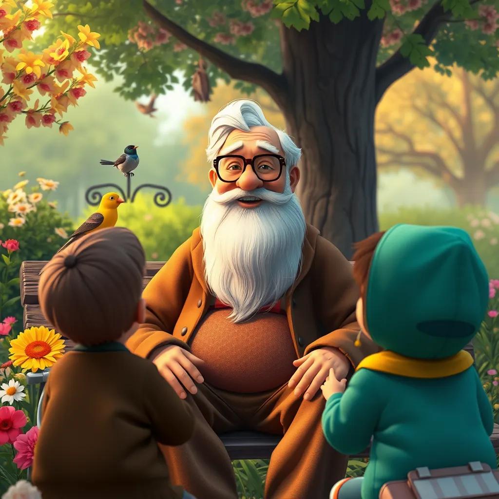 Mr. Green, a wise old man with glasses and a long white beard, sitting on a bench in the park, surrounded by flowers and birds, smiling as he speaks to the kids, inspirational scene, digital art, warm colors, high quality