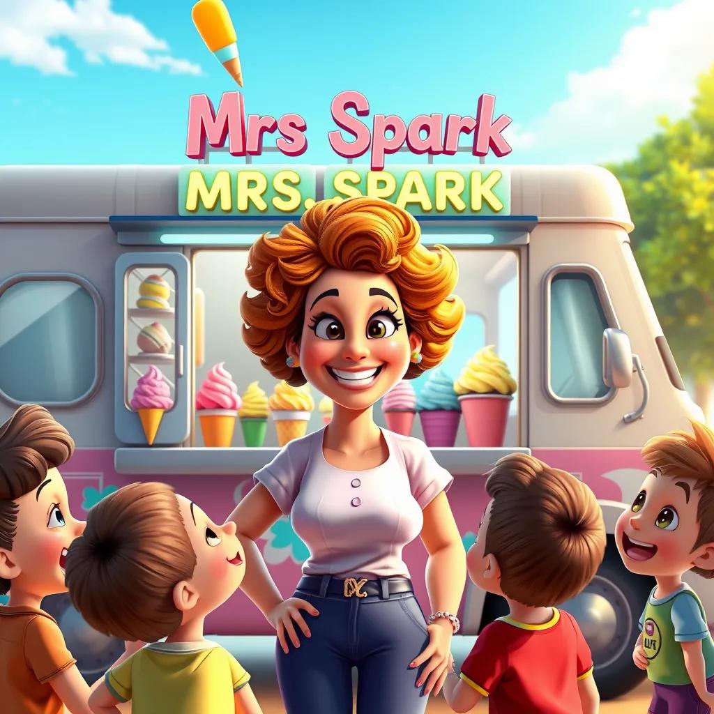 Mrs. Spark, a cheerful woman with curly hair, standing in front of her ice cream truck, colorful ice cream flavors displayed, kids around her laughing and enjoying, inviting scene, digital art, bright colors, high quality