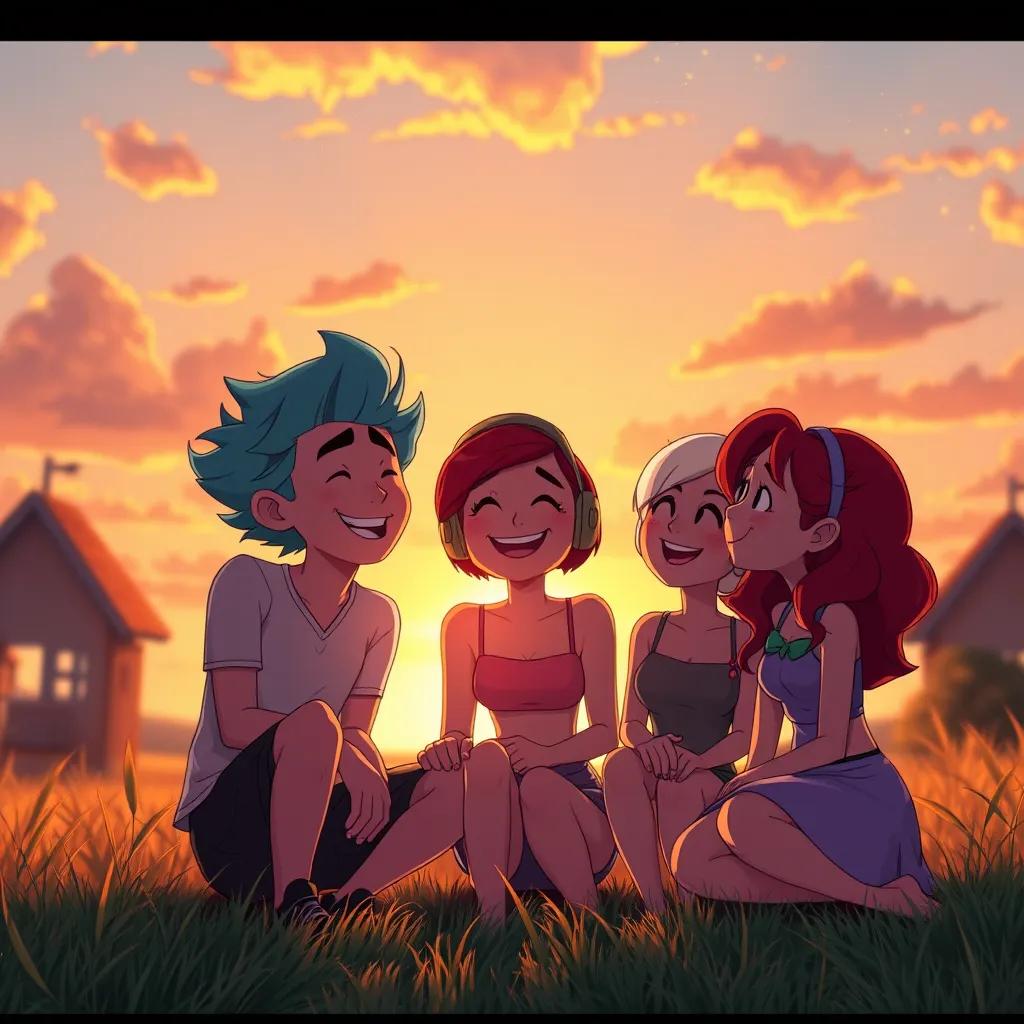 The Suss Squad together at sunset in Sussville, laughing and making plans, beautiful sunset sky in the background with soft clouds, heartwarming scene, digital art, glowing colors, high quality