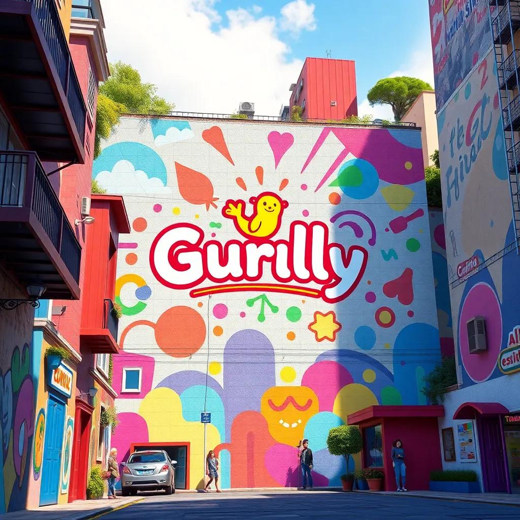 A vibrant mural with the Gurully logo featuring bright colors and playful designs, surrounded by a small town, digital art, cheerful atmosphere, lively colors, engaging perspective, high quality