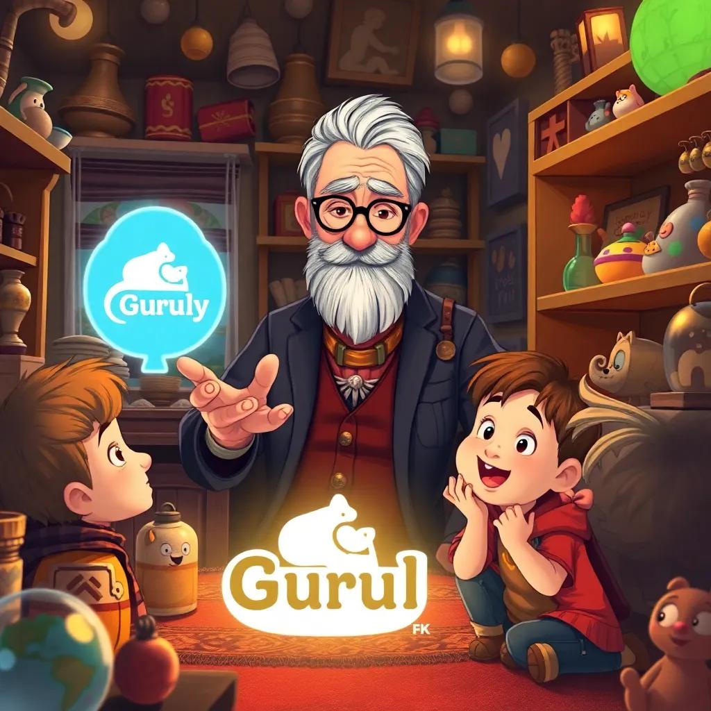 A wise old man, Mr. Jenkins, with silver hair and glasses, sitting in a cozy shop filled with trinkets, explaining the Gurully logo to two excited kids, a warm light filling the room, inviting colors, storytelling view, detailed illustration