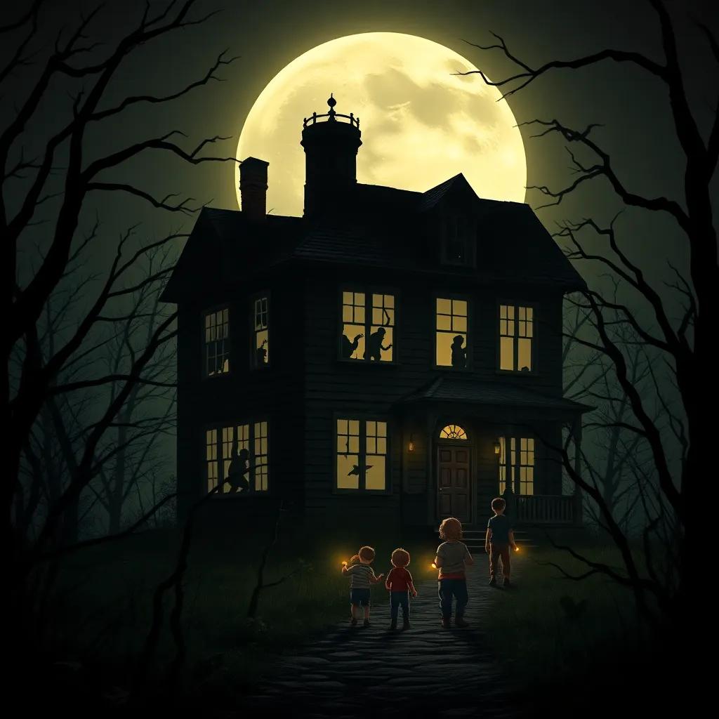 A spooky old house with broken windows and creaky doors, silhouetted against a full moon, surrounded by eerie trees, and a group of brave children approaching with flashlights, digital art, dark, mysterious, high quality, adventure