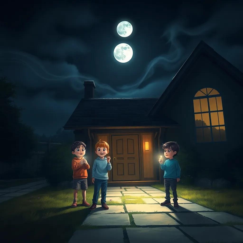 A dark night with wind howling, children standing at the entrance of the house, looking scared but excited, with flashlights illuminating their faces, and the moon shining bright above them, digital painting, dramatic lighting, high quality