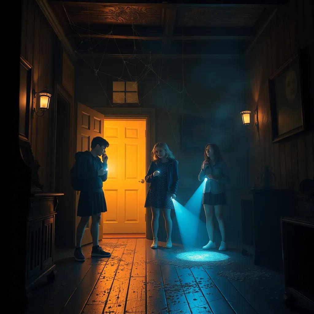 Inside the old house with shadows and strange sounds, friends shining flashlights revealing cobwebs and dust in the air, floors creaking beneath their feet, glowing light from their flashlights adding to the mystery, digital art, atmospheric, high quality