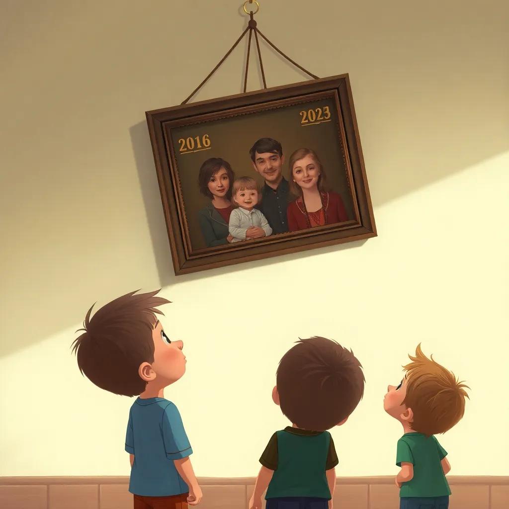 An old picture of a family hanging crooked on the wall, dust floating in the air around it, children gazing at it in curiosity, digital painting, vintage feel, softened light, child-friendly